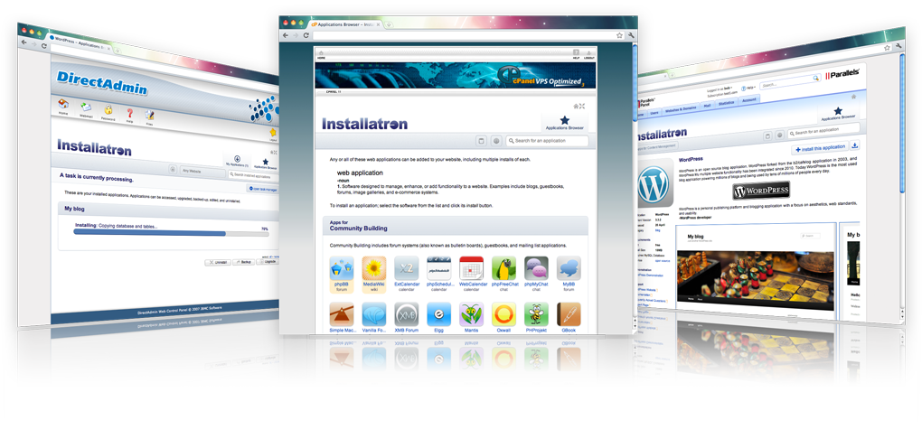 Installatron Plugin is the leading web application auto installer (script installer) for popular web hosting control panels, including cPanel/WHM, DirectAdmin, and Parallels Plesk.