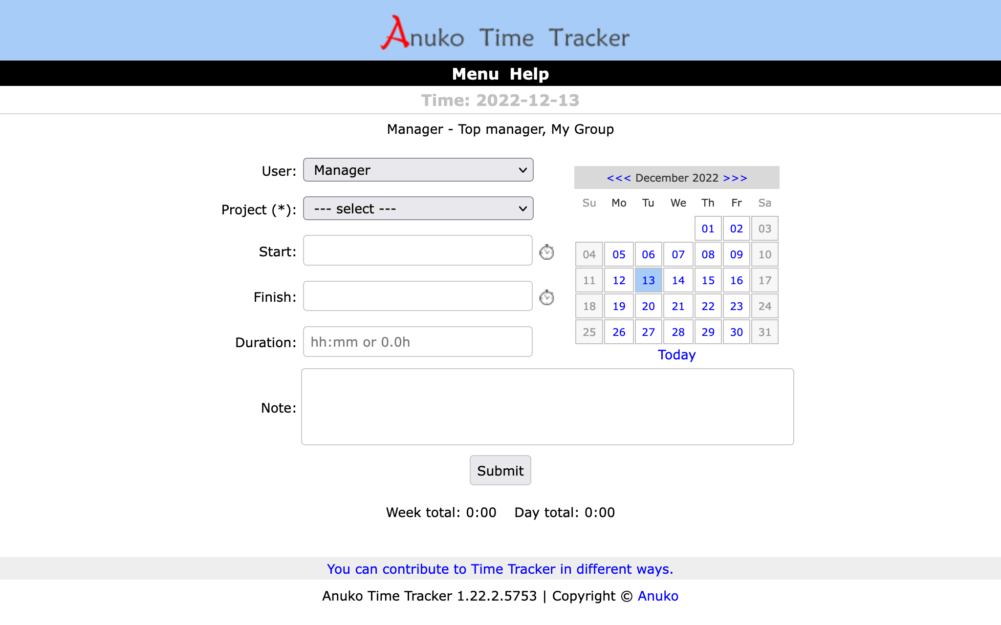 Aplicación Anuko Time Tracker