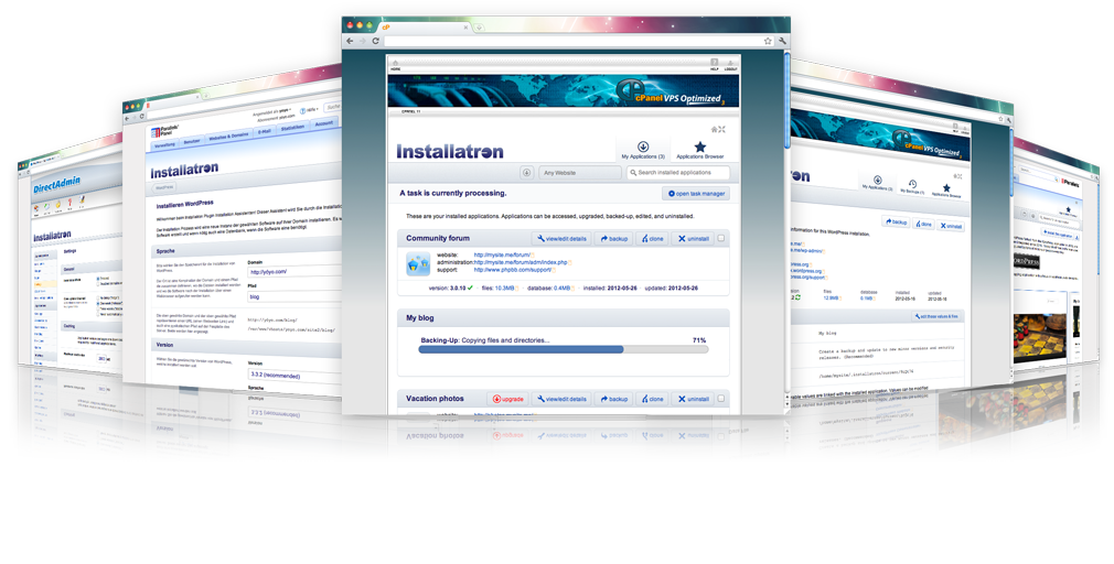 Installatron Plugin is the leading web application auto installer (script installer) for popular web hosting control panels, including cPanel/WHM, DirectAdmin, and Parallels Plesk.